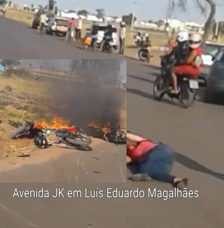 LEM: COLISÃO ENTRE MOTOS DEIXA DUAS PESSOAS FERIDAS NA AVENIDA JK, BAIRRO TROPICAL VILLE I. AMBAS AS MOTOS PEGARAM FOGO