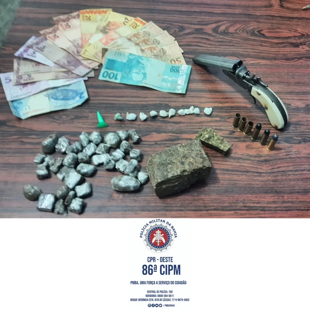PM prende homem em flagrante por tráfico de drogas e porte ilegal de arma de fogo