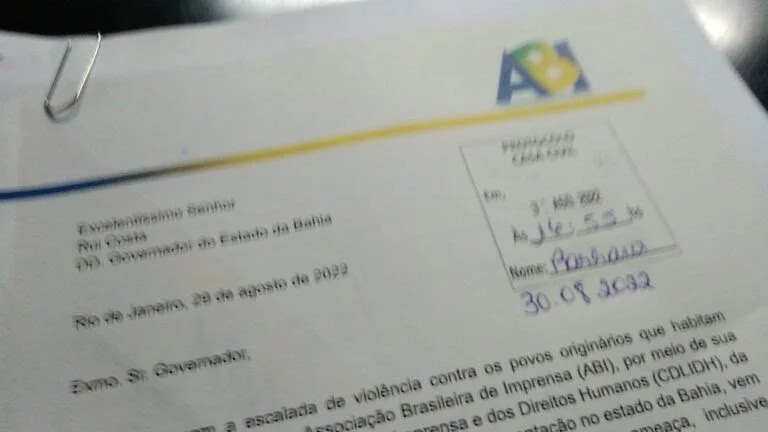 Nota à Imprensa: ABI OFICIALIZA DENÚNCIA E PEDE PROTEÇÃO PARA INDÍGENAS E JORNALISTAS AO GOVERNADOR DA BAHIA