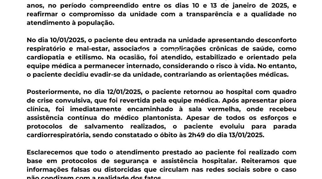 Riachão das Neves: Hospital emite nota sobre morte de paciente