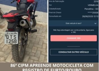 Santa Rita de Cássia: 86ª CIPM recupera motocicleta com restrição de furto/roubo
