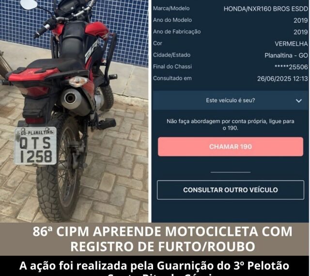 Santa Rita de Cássia: 86ª CIPM recupera motocicleta com restrição de furto/roubo